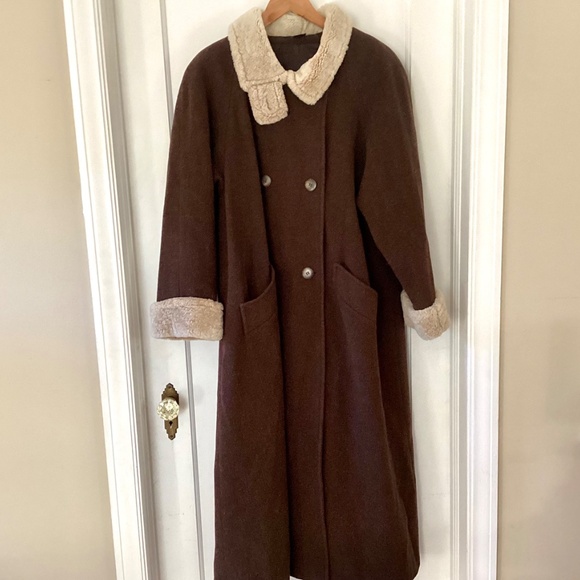 Vtg STEVE by Searle Brown Wool Trapeze Long Coat Faux Fur Collar & Cuffs Size 8 - Picture 6 of 15